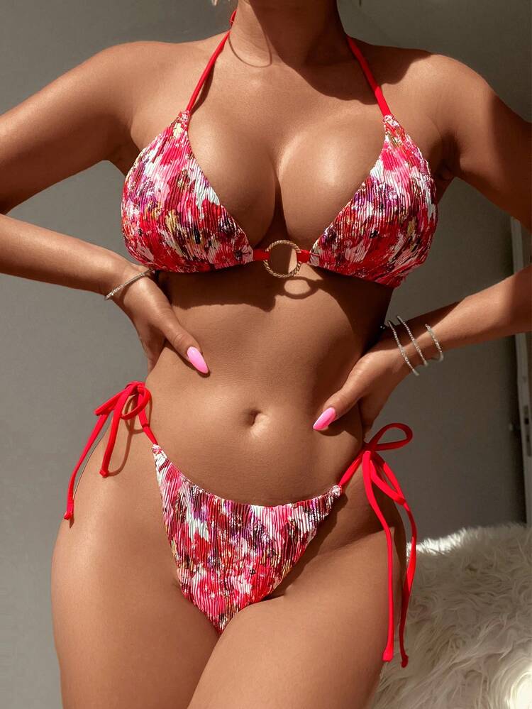 Women's Ditsy Floral Halter Neck Tie Sexy Bikini Set For Vacation,Summer Beach