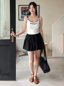 DAZY Áo ba lỗ mùa hè in chữ viền khối màu dành cho nữ - trắng - Xem 2