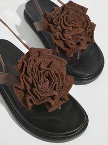 SHUZIA 女式假期花裝飾厚底後繫帶平底柔軟沙灘涼鞋 - 巧克力棕 - 查看 5