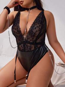 Plus Size Women's Solid Color Dark Punk Style Sexy Lingerie With Metal Chains