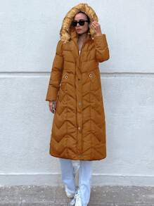 EURMUSE Solid Zip Up Fuzzy Trim Hooded Puffer Coat - Khaki - View 4