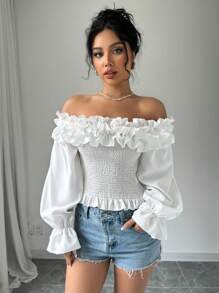 SHEIN Privé Blusa de mujer con hombros descubiertos y ribete de encaje - Blanco - Ver 5
