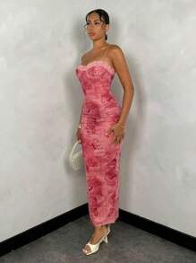 SHEIN BAE Rochie de vară, sexy, cu imprimeu floral, roșu, cu model vintage, din dantelă, pentru femei, slim fit, lungă