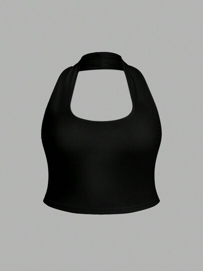 SHEIN EZwear Plus Size Women's Black Sleeveless Halter Crop Top, Casual Summer Back To School