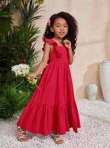 SHEIN Leap Crew SLAYR Young Girl Young Girl Chet Faker Music Festival Woven Solid Color Square Neck Sleeveless Long Dress - Red - View 3
