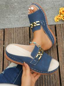 Women's Metal Square Buckle Chain Decoration Navy Blue Slip-On Sandals, Casual Style With Wedge Heel And Thick Sole, Lightweight And Comfortable For Daily Wear And Outdoor Activities