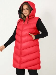 RueChic Plus Zip Up Drawstring Hooded Puffer Vest Coat - Red - View 5