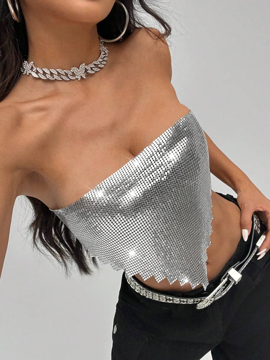 EgrlEra 女式Y2K金屬閃粉露肩上衣，適用於夜店 - 銀色 - 查看 1
