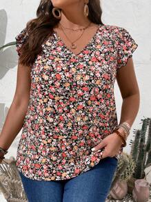 EMERY ROSE 大尺寸夏日鄉村風V領花卉印花蝙蝠袖夏季上衣 - 彩色 - 查看 1