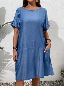 EMERY ROSE Plus Size Solid Color Batwing Sleeve Summer Dress With Pockets For Women For Teacher Clothes - Blue - View 4