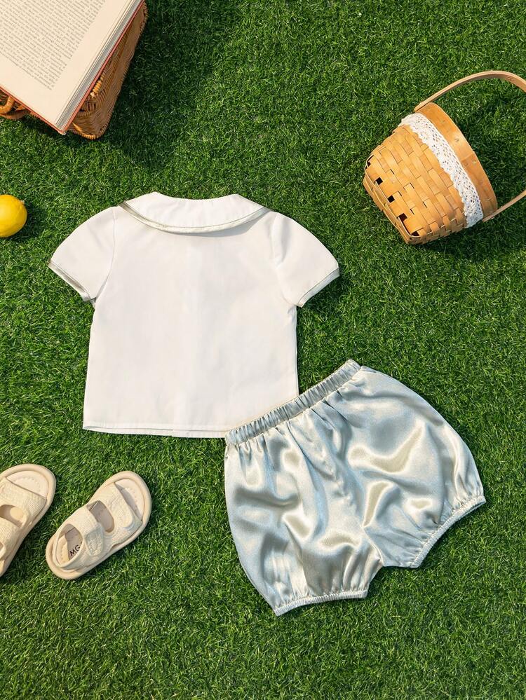 Baby Boy Gorgeous Satin Splice Short Sleeve Peter Pan Collar Shirt Elastic Waist Shorts Suit, Suitable For Birthday Party, Evening, Performance, Wedding, Full Month Celebration, Baptism And First Birthday Party