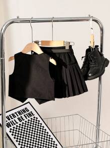 SHEIN 年輕女孩休閒通勤V領上衣和褶皺裙套裝，配有頸後扣環 - 黑色 - 查看 2