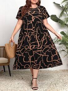 SHEIN CURVE+ Vestido midi asimétrico de talla grande con estampado de líneas - Multicolor - Ver 5