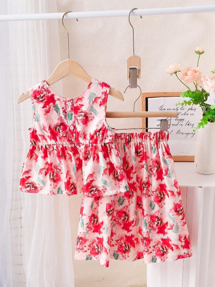 Young Girl Summer Floral Sleeveless Top + Allover Print Skirt Set, Casual Beach Vacation Outfits