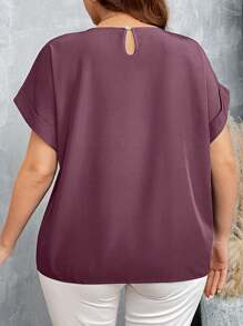 SHEIN LUNE Áo sơ mi denim cổ tròn rộng rãi cỡ lớn màu xanh lam đơn giản thường ngày có vai trễ - Màu Hồng Tươi - Xem 2