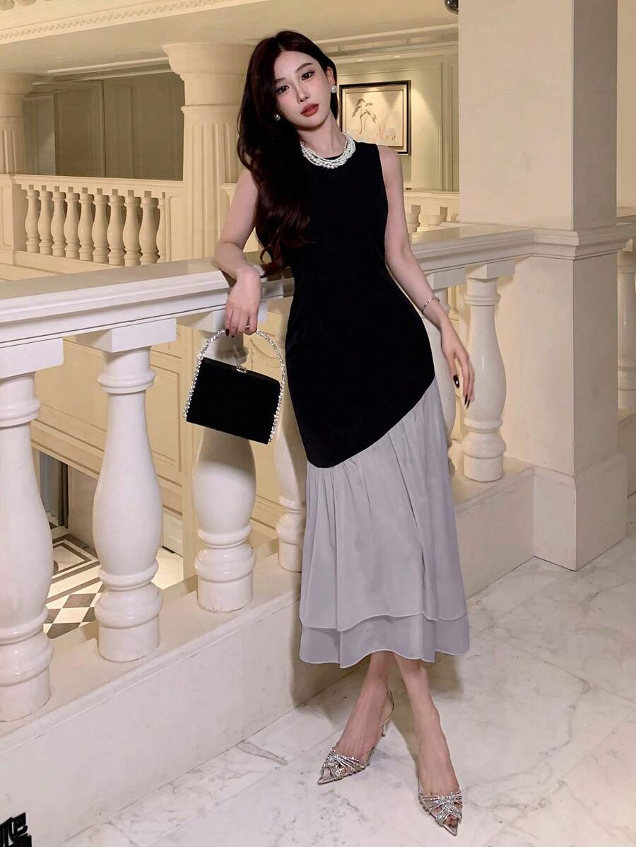 DAZY 女士拼色无袖圆领夏季连衣裙、生日舞会礼服、荷叶边、婚礼礼服 - 淺灰色 - 查看 1