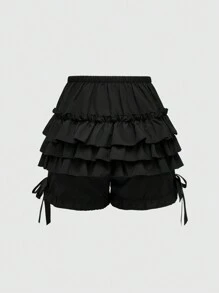 ROMWE Goth 哥特式女孩可爱三层褶边下摆南瓜短裤带蝴蝶结装饰，适合女士、学校
