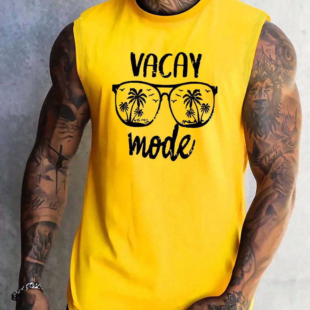 Camiseta de tirantes casual de cuello redondo con estampado de letras y gafas para hombres en verano