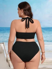 Swim Lushoire Ensemble bikini grande taille à encolure ras-du-cou couleur unie pour femme avec bas séparés pour plage d'été