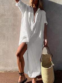 Breezaya 女性時尚優雅純色前鈕洋裝 - 白色 - 查看 5