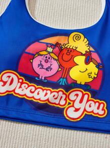 Mr Men Little Miss X SHEIN Tween Girl Cartoon And Letter Graphic Ringer Halter Neck Bikini Set, Summer Beach