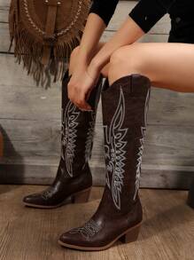 FVPFVP Fall/Winter Embroidery Boots 2024 New European And American Style Retro Knee-High Cowgirl Boots For Women With Thick Heels And Height Increase, Cowboy Boots For Women,Western Style - Coffee Brown - View 4