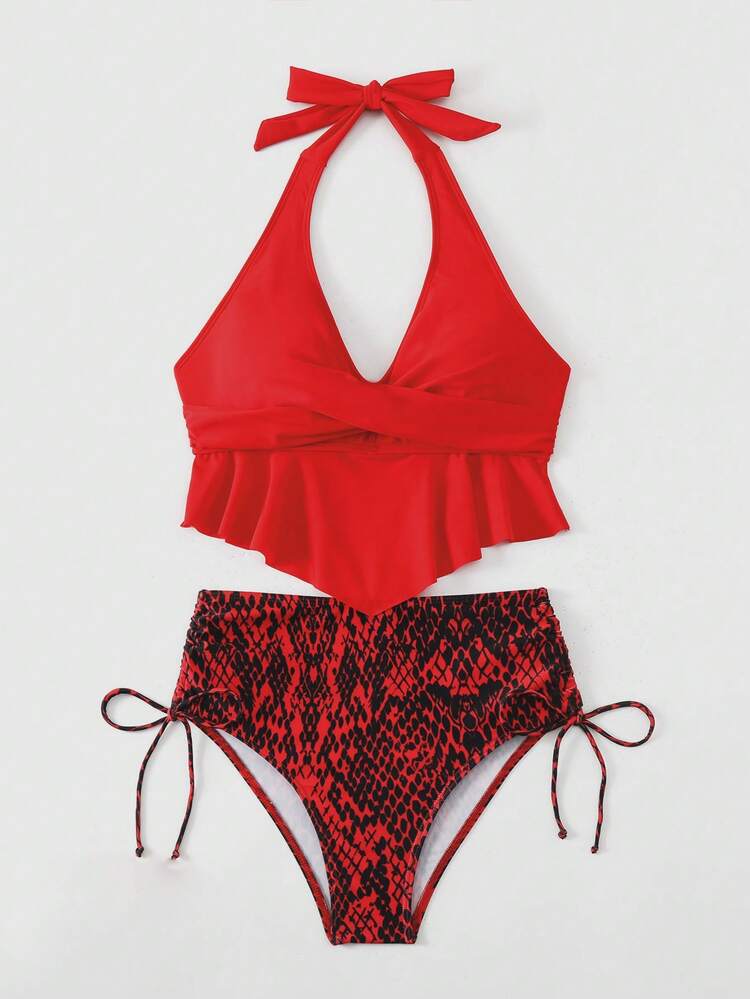 Summer Beach Solid Color Halter Top And Snake Pattern Triangular Bottom Tankini Set