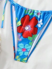 Conjunto de bikini sexy de mujer con estampado floral, cuello de halter con lazo, para vacaciones de verano