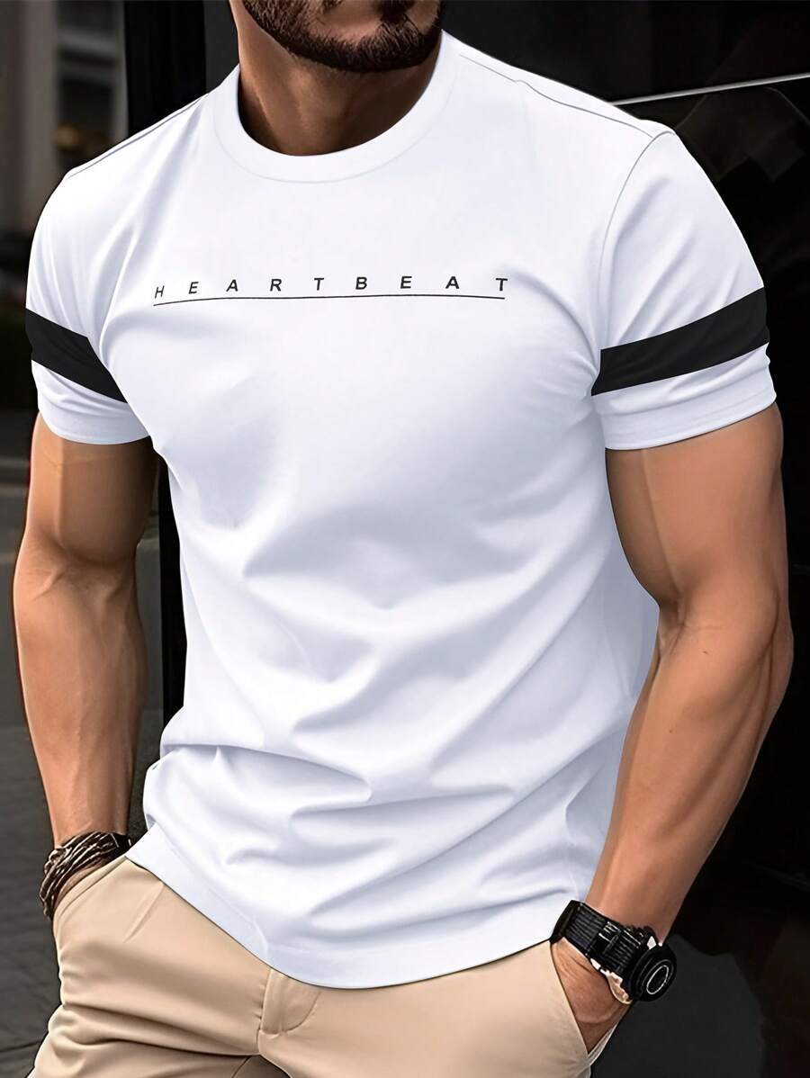 Manfinity Homme 男士夏季圆领拼色短袖休闲商务棉混纺T恤字母印花外出装老公装 - 白色 - 查看 1