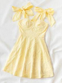 Soleia Váy mùa hè vải hoa nhỏ có dây đeo vai trang trí nơ cho nữ, họa tiết bèo nhún, màu vàng kem, thích hợp cho bãi biển, lễ hội âm nhạc, đám cưới theo phong cách Boho và các dịp mùa hè - Màu vàng - Xem 3