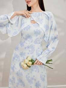 Modelyn 女性優雅花卉全印花收腰細肩帶連衣裙和長袖背心套裝，夏季 - 藍白色 - 查看 1