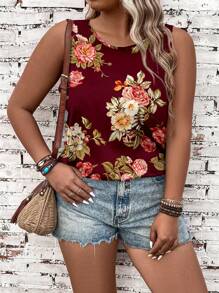 EMERY ROSE Summer Casual Flower Pattern Jumpsuit, Plus Size Women's Tank Top And Top