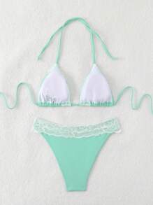 SHEIN Swim Women's Summer Beach Solid Color Lace Spliced Halter Neck Tie Sexy Bikini Set - Mint Blue - View 2