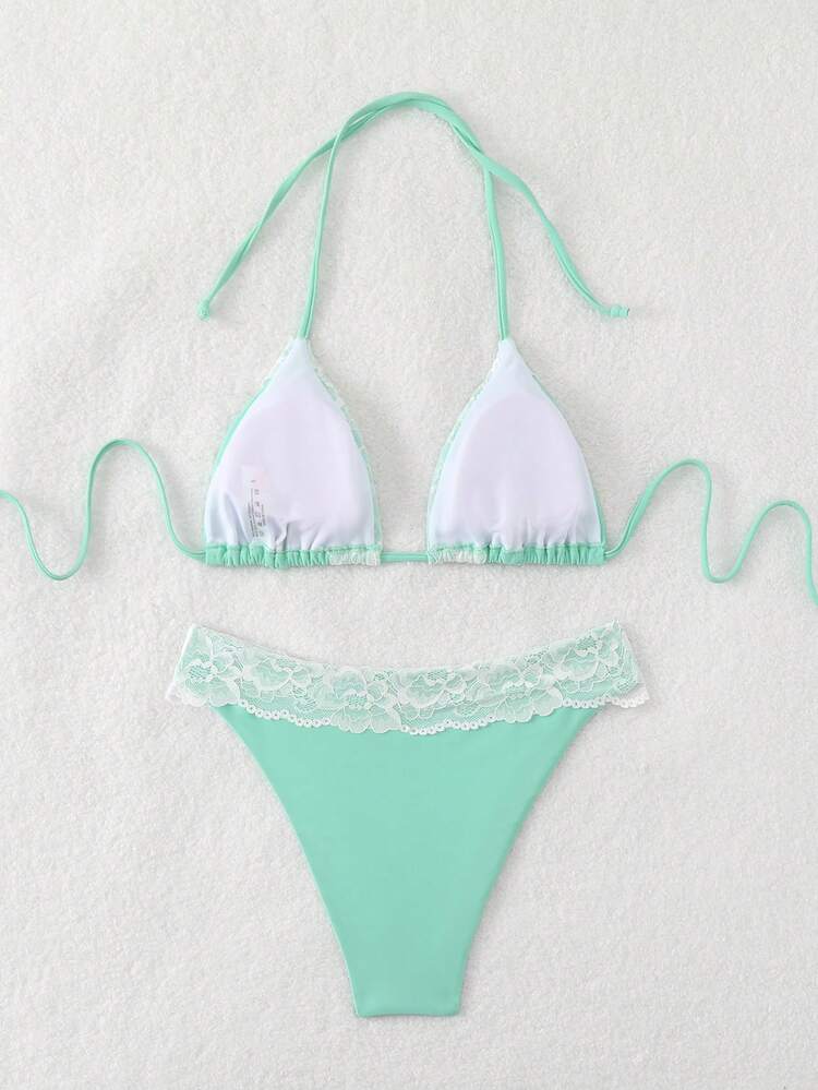 Women's Summer Beach Solid Color Lace Spliced Halter Neck Tie Sexy Bikini Set