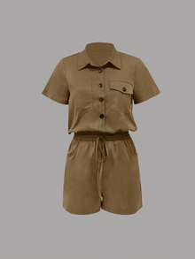 SHEIN LUNE 女士實色極簡日常口袋連身褲 - 卡其色 - 查看 1