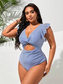 Swim Lushoire Plus Size Striped And Printed V-Neck One-Piece Swimsuit With Twist Knot, Ruffles, And Pleats Summer