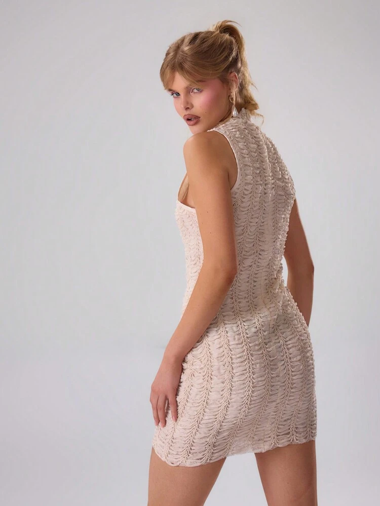 Textured Woven High Neck Mini Dress Spring Sexy Cute Summer