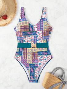 SHEIN Swim Đồ bơi một mảnh có thắt lưng cổ chữ V có in họa tiết toàn thân, hoàn hảo khi đi biển và hồ bơi vào mùa hè - Nhiều màu - Xem 4