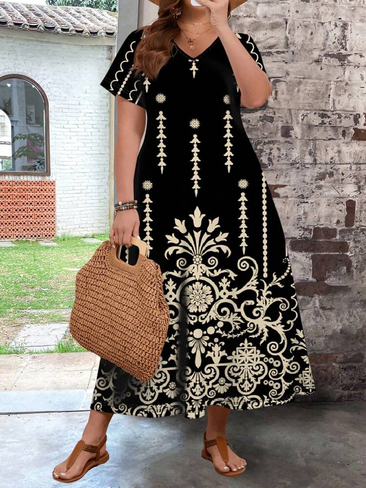 Women's Plus Size Boho Casual Retro Printed Dress For Summer