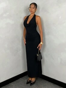 SHEIN BAE Women's Draped Neck Fishtail Dress/Pink Backless Dress/Island Resort Dress/Beach Resort Dress/Summer Dress/Birthday Party Dress/Hawaii/Beach Vacation Outfits /Vacay Outfits Women/Vacation Outfits Woman /Birthday Dresses For Women/Birthday Outfits For Women