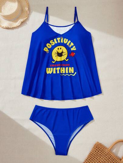 Mr Men Little Miss X SHEIN 大码休闲卡通字母图案分体泳衣，夏季海滩