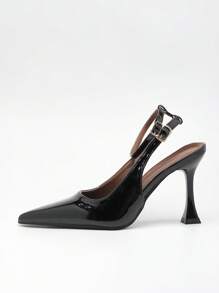 Fall/Winter Women's Fashionable Red High Heels Pointed Toe Shoes With Metal Buckle And Back Strap, Elegant, Party,Stiletto Heels - Black - View 4