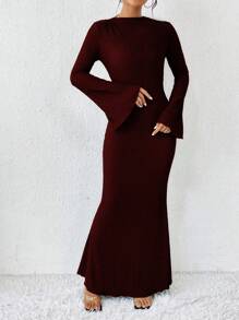RosyDaze 女士纯色立领喇叭袖美人鱼下摆优雅长裙超长女装 - 紫紅色 - 查看 6