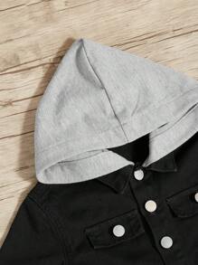 SHEIN Baby Boys' Casual  Cotton Fabric With Hooded Sweatshirt Splicing Long Sleeves Black Denim Jacket, For Outdoor Style