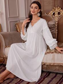 Contrast Lace Ruffle Trim Pajama Night Dress Long Dress - Beige - View 4