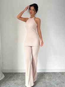 Elenzga Traje de mujer sin mangas en tono sólido con cuello colgante