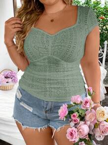 Flirla Plus Size Damska Letnia Jednolita Kolorowa Plisowana Dekolt Serduszko Rękawy Cap-Slim-Fit T-shirt