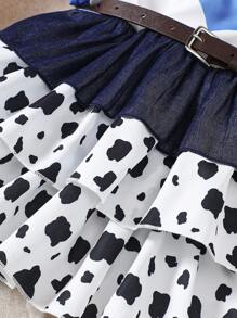SHEIN 4pcs Western Cowboy Style Outfit Including Short Sleeve T-Shirt, Cow Skirt Dress, Denim Hat And Belt - Blue - View 4