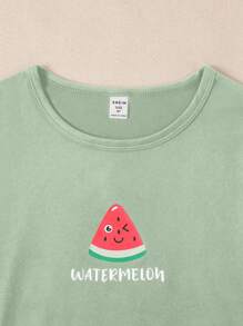 適合Tween Girl簡約款西瓜印花寬鬆短袖T恤和長褲，2件套靜居家穿著 - 綠色 - 查看 8