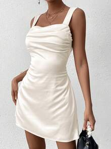PARTHEA Backless Back Tie Draped Trim Bodycon Ruched Dress - Apricot - View 4